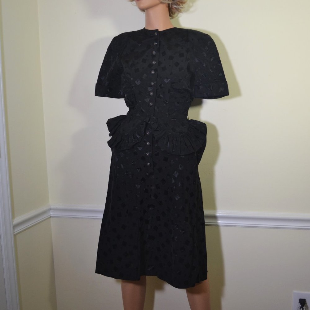 Vintage 1950s Paul Sachs Original Black Silk Taffeta Dress w/ Ruffled Peplum
